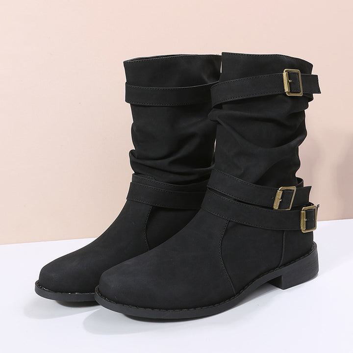 Damen modische Stiefeletten mit stylishen Schnallen und raffiniertem Falten-Design Drune
