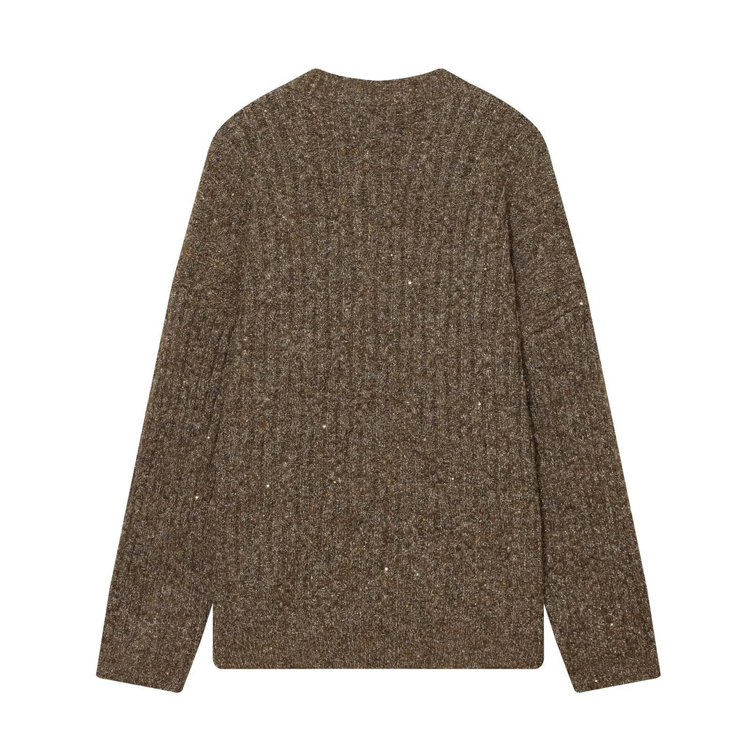 Damen Grobgestrickter V‑Neck Cardigan mit Perlmuttknöpfen und melierter Tweedoptik Drune