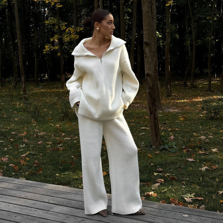 Damen Strick-Loungewear-Ensemble mit weitem Schnitt und hohem Kragen Drune