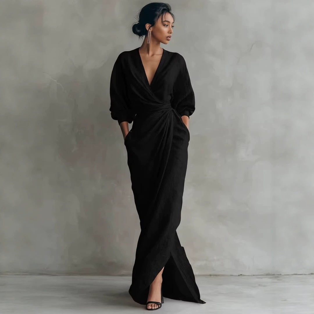 Damen Wickel-Maxikleid aus Leinenmix mit tiefem V-Ausschnitt und Ballonärmeln Drune