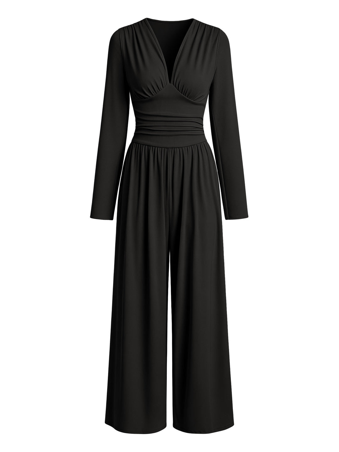 Damen Eleganter V‑Ausschnitt Jumpsuit mit tailliertem Wickelbund und weitem Hosenbein Drune
