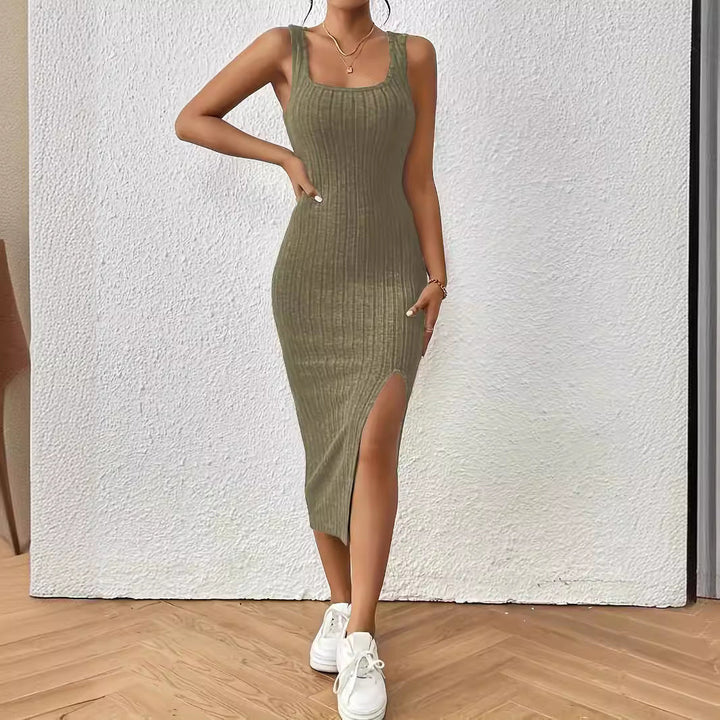 Damen figurbetontes Maxikleid mit hohem Schlitz und dekorativem Rippenmuster Drune