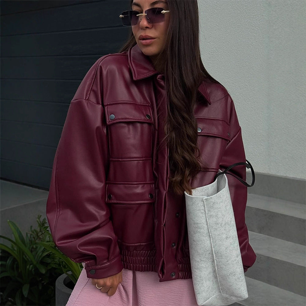 Damen Oversize Kunstlederjacke mit aufgesetzten Druckknopf-Taschen und elastischem Saum Drune