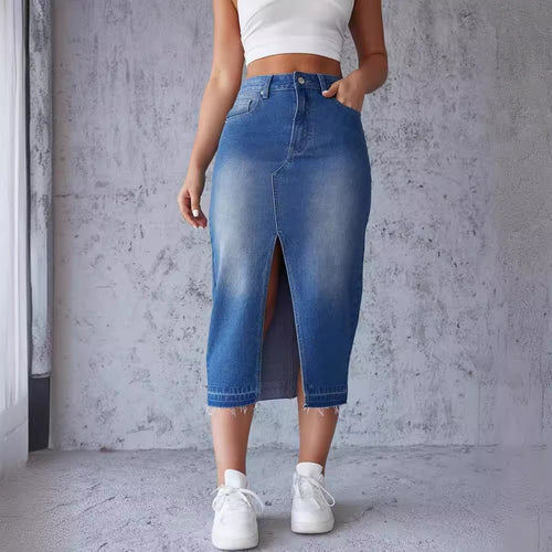 Damen nan figurbetonter Highwaist-Denim-Bleistiftrock mit vorderlichem Oberschenkelschlitz und rohem Saum Drune