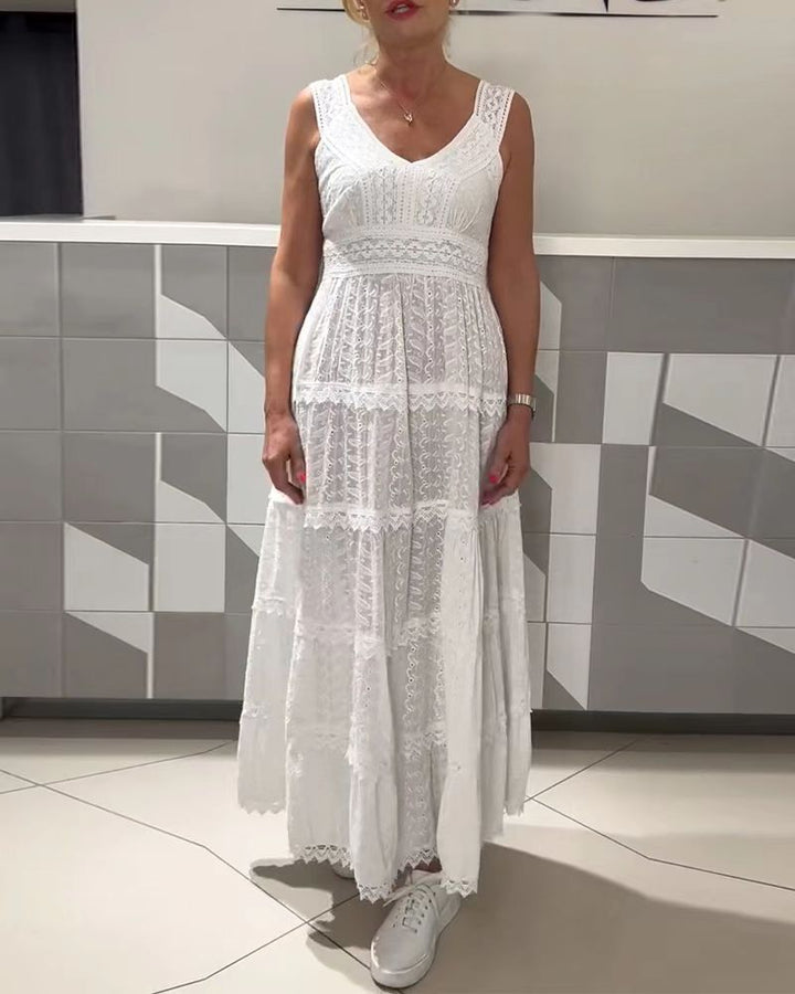 Damen nan ärmelloses Boho-Spitzen-Lagenmaxikleid mit V-Ausschnitt und Empire-Taille Drune