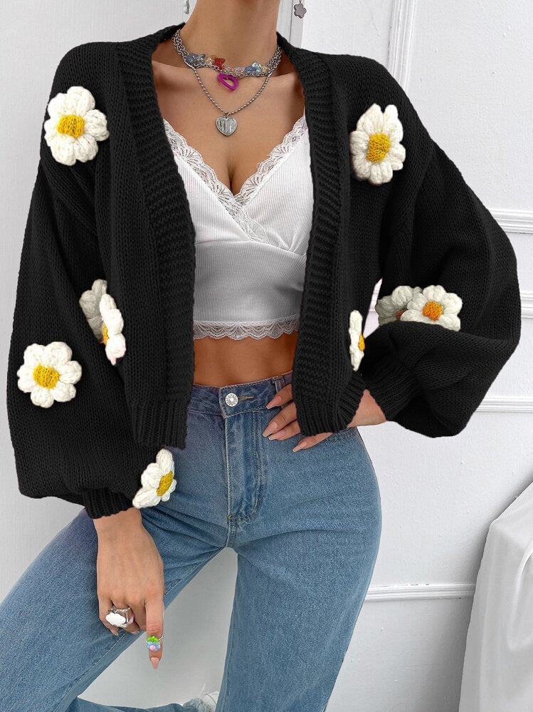 Damen Kurzgeschnittener Grobstrick-Cardigan mit 3D-Blütenapplikationen Drune