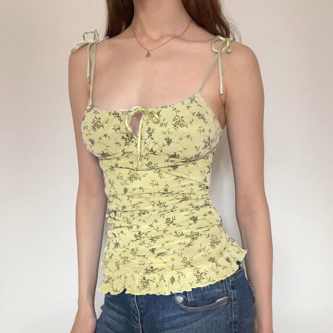 Damen luftiges Blumenmuster Top mit Rüschendetails und verstellbaren Trägern Drune
