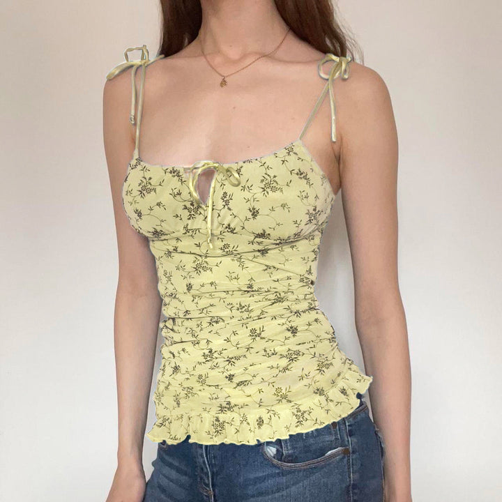 Damen luftiges Blumenmuster Top mit Rüschendetails und verstellbaren Trägern Drune