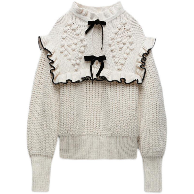 Damen Strickpullover mit Rüschenkragen und dekorativen Schleifen Drune