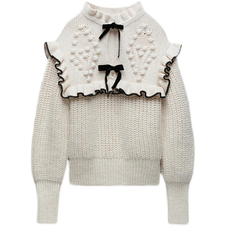 Damen Strickpullover mit Rüschenkragen und dekorativen Schleifen Drune