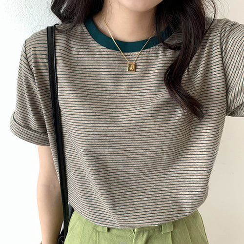 Damen gestreiftes T-Shirt mit kontrastierendem Rundhalsausschnitt und bequemem Schnitt