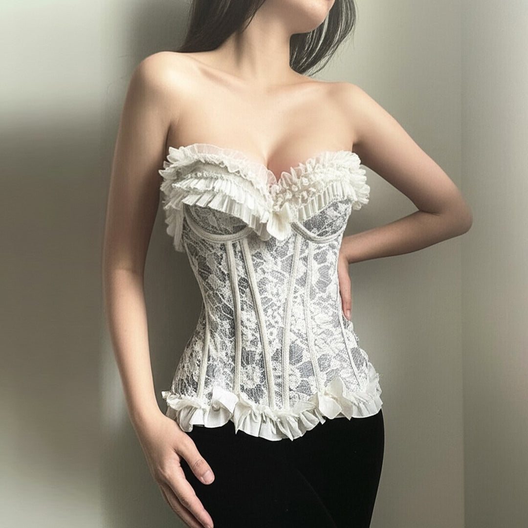 Damen Spitzen-Bustier mit Rüschendetails und Schleifen Drune