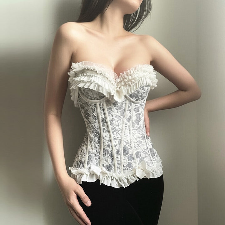 Damen Spitzen-Bustier mit Rüschendetails und Schleifen Drune