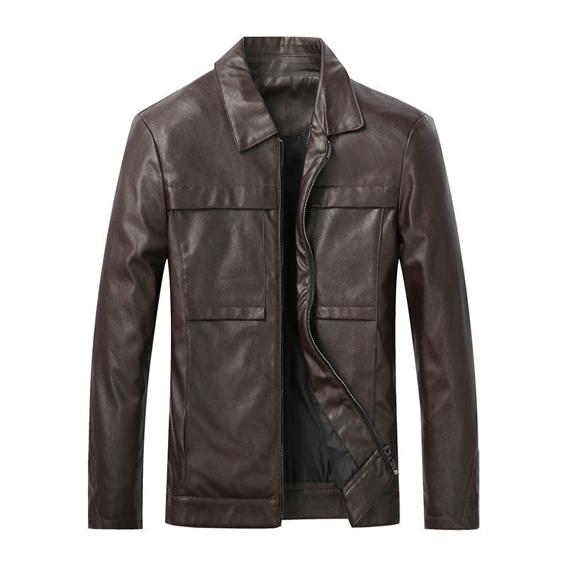 Herren Slim‑Fit Lederoptik-Truckerjacke mit Hemdkragen, verdecktem Reißverschluss und Pattentaschen Drune