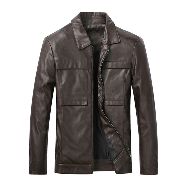 Herren Slim‑Fit Lederoptik-Truckerjacke mit Hemdkragen, verdecktem Reißverschluss und Pattentaschen Drune