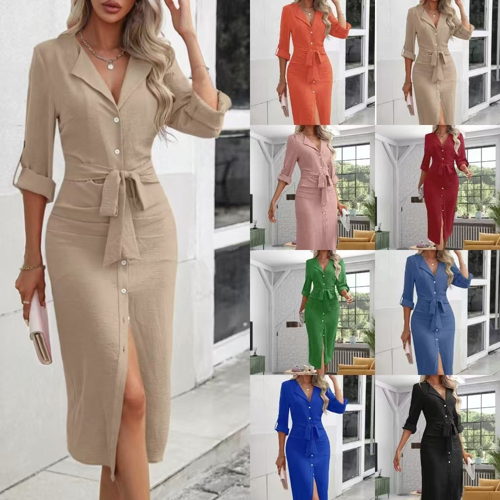 Damen Tailliertes Hemdblusen-Midikleid mit Bindegürtel, durchgehender Knopfleiste und Dreiviertelärmeln Drune