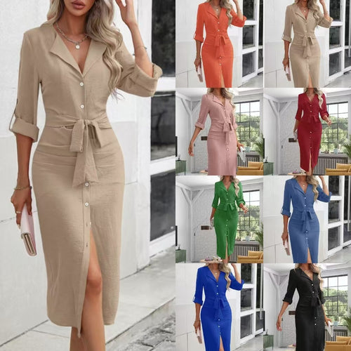 Damen Tailliertes Hemdblusen-Midikleid mit Bindegürtel, durchgehender Knopfleiste und Dreiviertelärmeln Drune