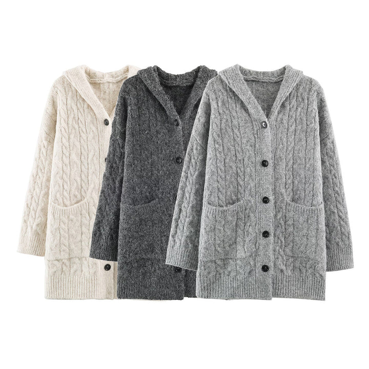 Damen Langgestrickter Kapuzen-Cardigan mit Zopfmuster und Knopfleiste Drune