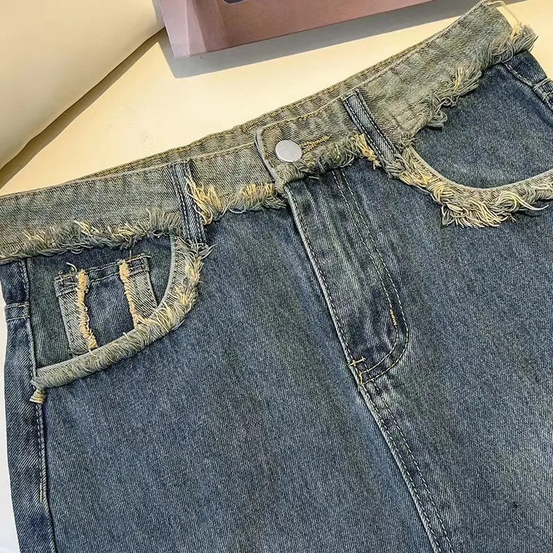 Damen Modischer Denim-Midi-Rock mit Frontschlitz Drune