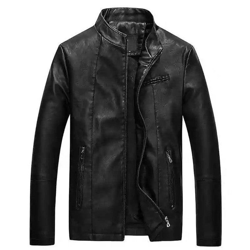 Herren Slim-Fit Kunstlederjacke mit Stehkragen und Reißverschlusstaschen Drune