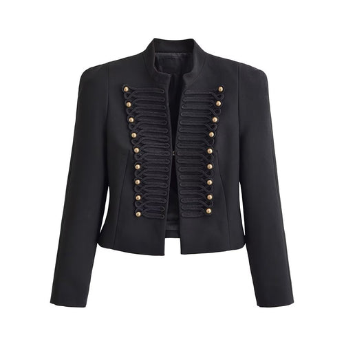 Damen Kastenfreie Militär-Jacke im Cropped‑Schnitt mit Stehkragen und Zierkordel-Detail Drune