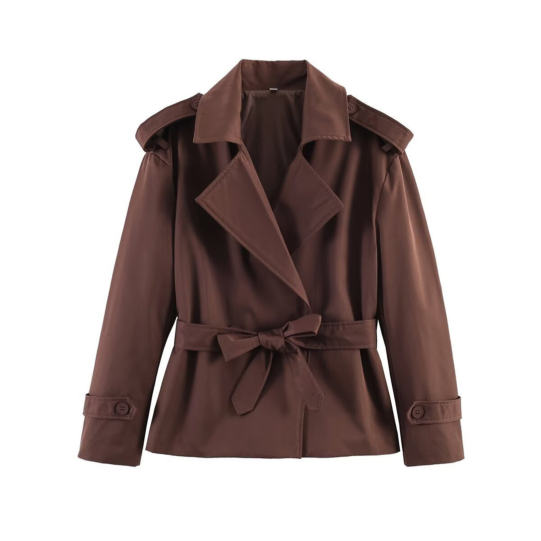 Damen kurzer Trenchcoat mit Taillengürtel, doppelreihiger Front und Schulterklappen Drune