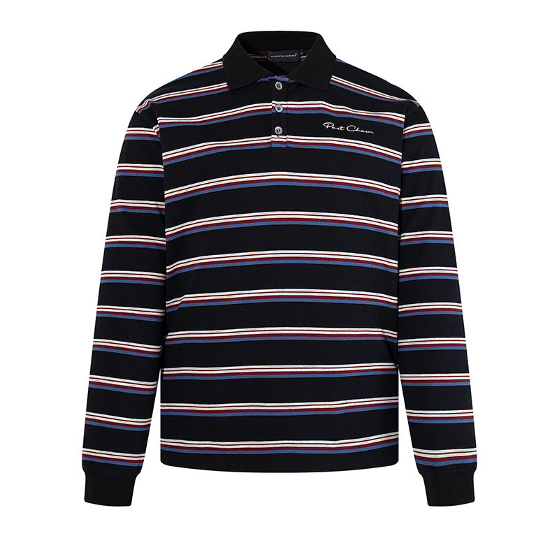 Herren Langarm-Poloshirt mit Retro-Streifen, Rippbündchen und Knopfleiste Drune