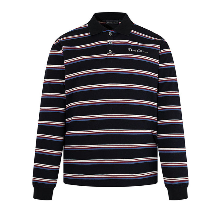 Herren Langarm-Poloshirt mit Retro-Streifen, Rippbündchen und Knopfleiste Drune