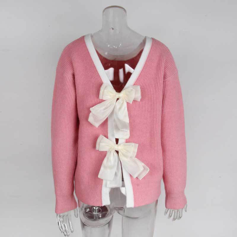 Damen Strickpullover mit V-Ausschnitt und dekorativen Schleifen Drune