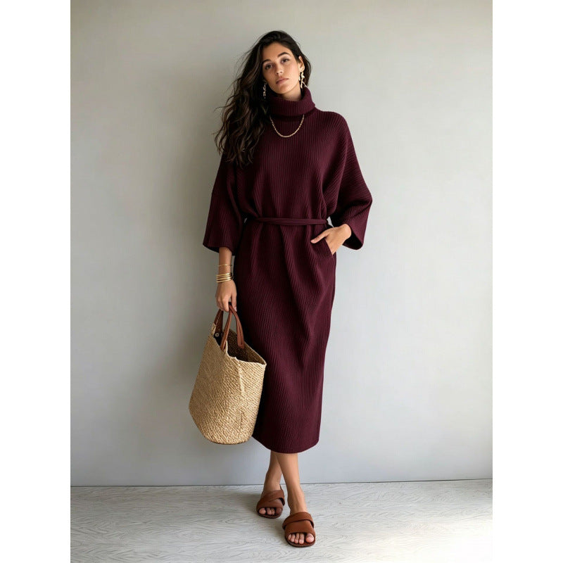 Damen Midikleid aus Rippstrick mit Rollkragen, Bindegürtel und Eingrifftaschen Drune