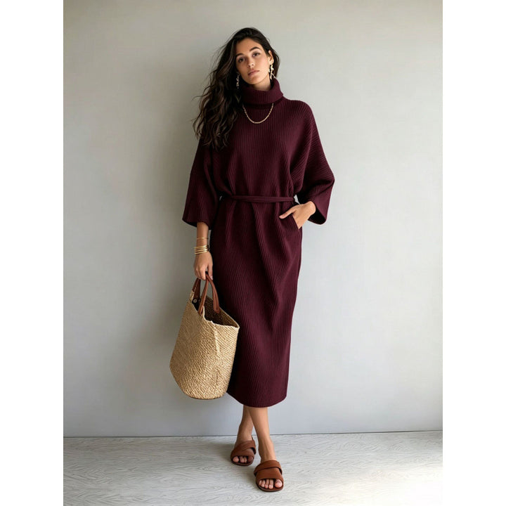 Damen Midikleid aus Rippstrick mit Rollkragen, Bindegürtel und Eingrifftaschen Drune