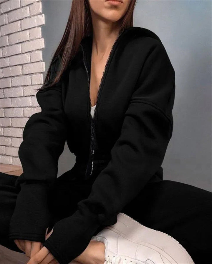 Damen Taillierter Kapuzen-Sweat-Jumpsuit mit Reißverschluss und elastischem Taillenbund Drune