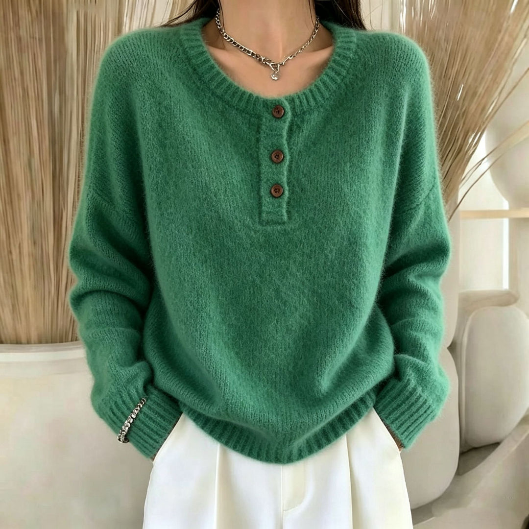 Damen Kuscheliger Rundhals-Henley-Pullover mit Knopfleiste und Raglanärmeln Drune