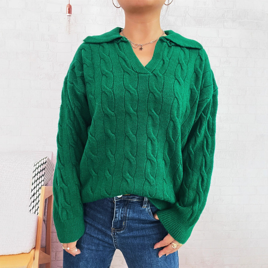 Damen Grobstrickpullover mit farbenfrohem Zopfdesign und klassischem Kragen Drune