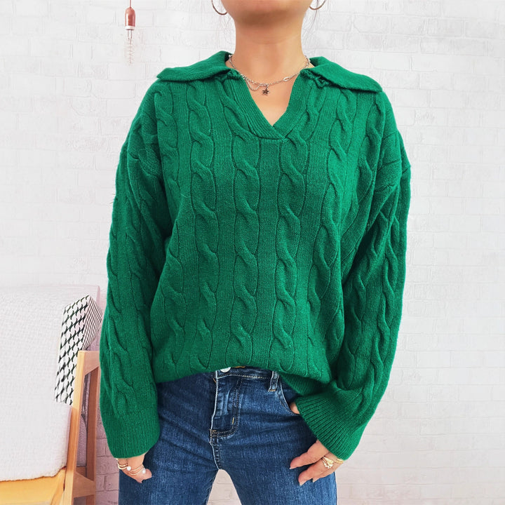 Damen Grobstrickpullover mit farbenfrohem Zopfdesign und klassischem Kragen Drune