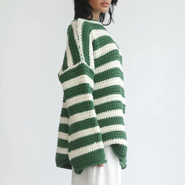 Damen lässiger Grobstrickpullover mit auffälligem Streifenmuster Drune