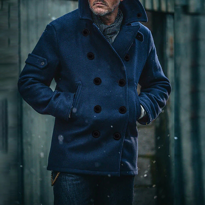 Herren Doppeltreihiger Wollmantel im Peacoat-Stil mit hohem Kragen Drune