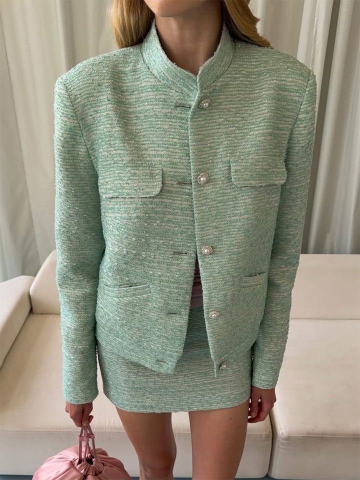 Damen Tweed-Zweiteiler Kurzjacke und Minirock im Bouclé-Stil Drune