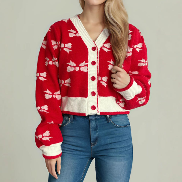 Damen kuschelige Strickjacke mit dekorativem Motiv und Knopfleiste Drune