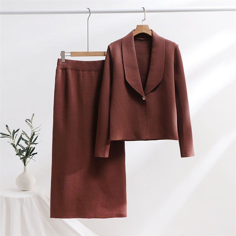 Damen elegantes Strickensemble mit Blazer und Midi-Rock Drune