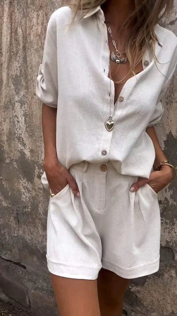 Damen Kurzoverall mit elegantem Hemdkragen und Taillengürtel Drune