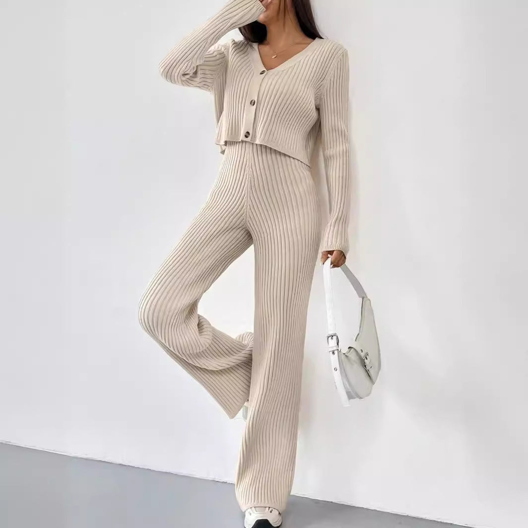 Damen Elegantes Strick-Lounge-Set mit V-Ausschnitt und hohen Bündchen Drune