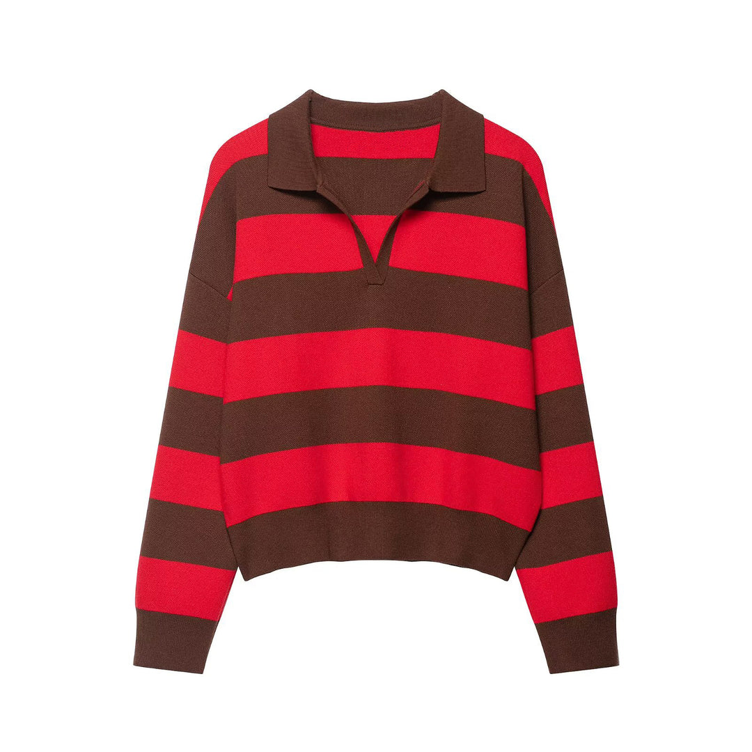 Damen Gestreifter Rugby-Polo-Pullover mit V-Notch und Cropped-Saum Drune