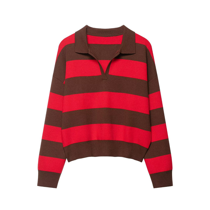 Damen Gestreifter Rugby-Polo-Pullover mit V-Notch und Cropped-Saum Drune