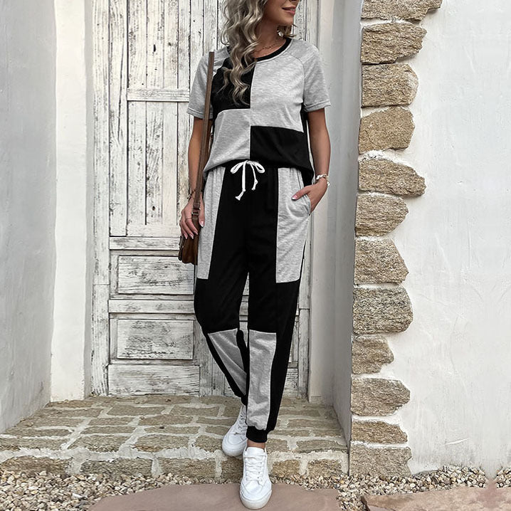 Damen Zweiteiler Freizeit-Set aus Baumwollmix mit Colorblock-Shirt und Jogginghose Drune