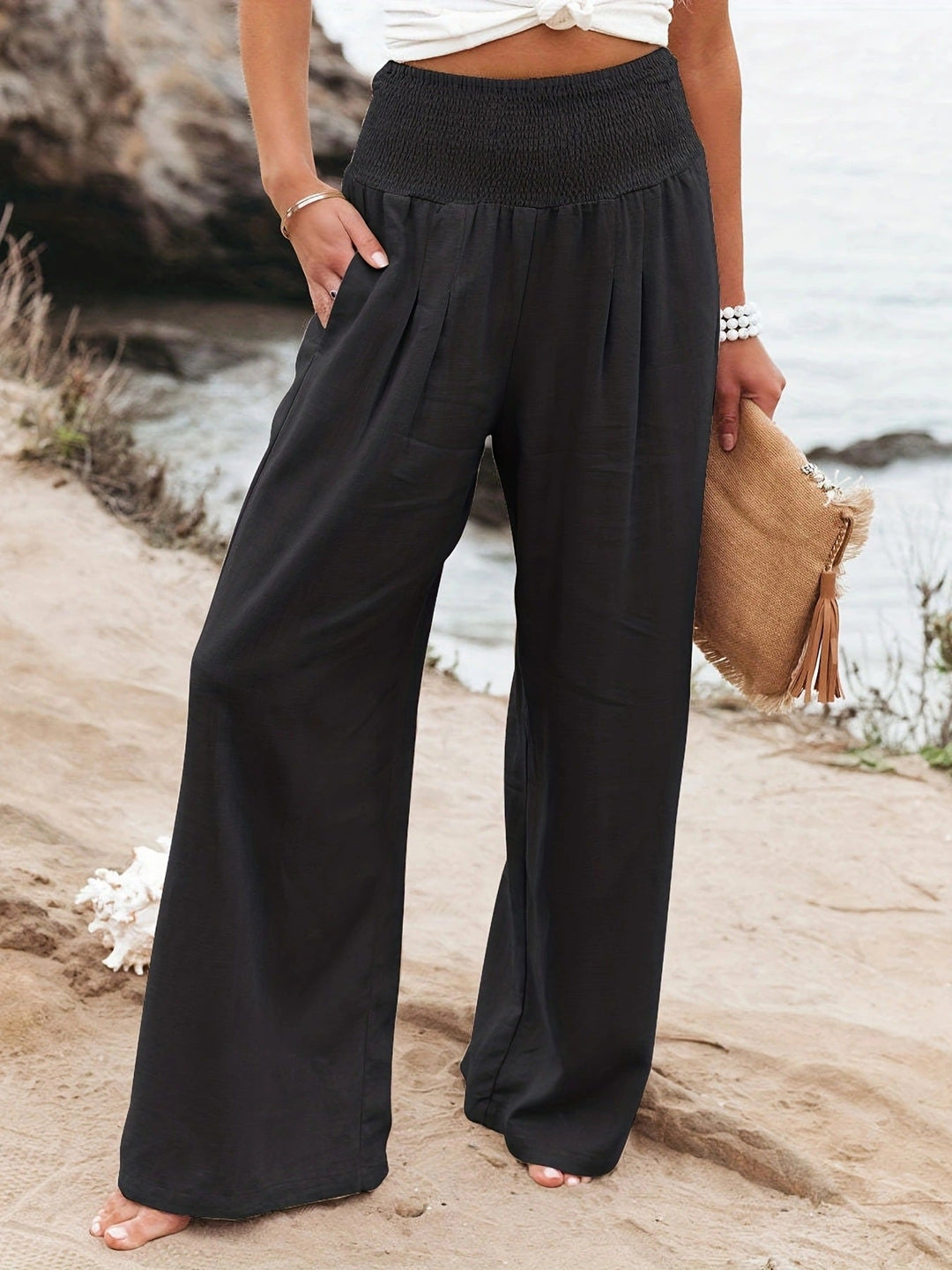 Damen Weite Leinenhose mit elastischem Bund und Falten Drune
