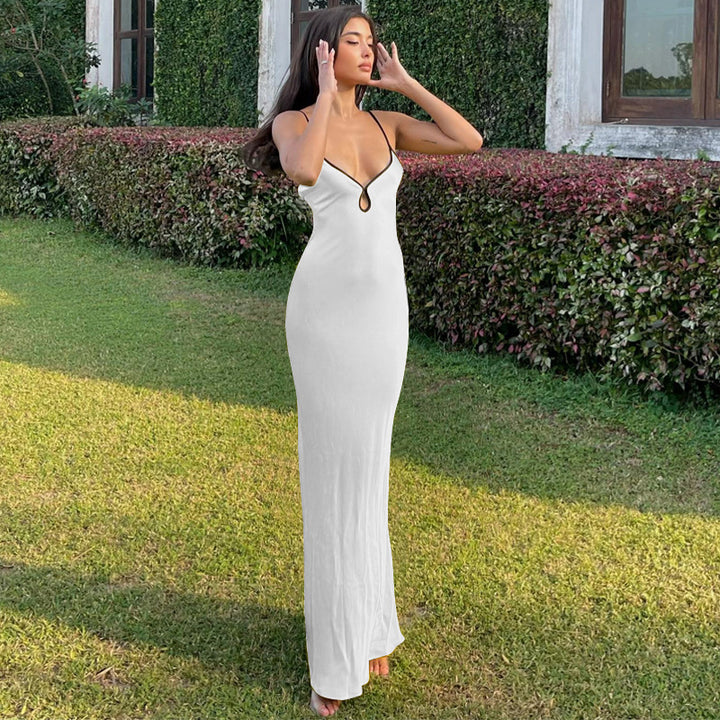 Damen Elegantes Satin-Maxikleid mit verstellbaren Spaghettiträgern und tiefem V-Ausschnitt Drune