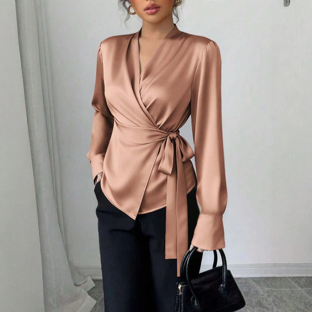 Damen Satin-Wickelbluse mit V-Ausschnitt, Taillengürtel und schmalem Manschettenärmel Drune
