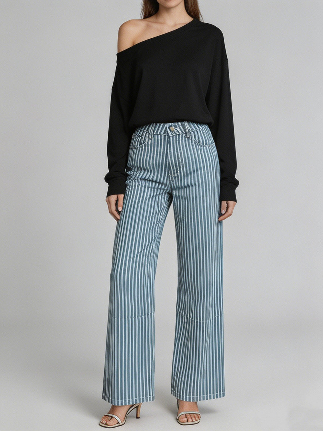 Damen nan weite High-Waist Palazzohose mit vertikalen Streifenoptik und abgesteppten Kniepartien Drune