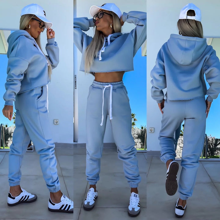 Damen sportliches Cropped Hoodie und Jogginghose-Set Drune